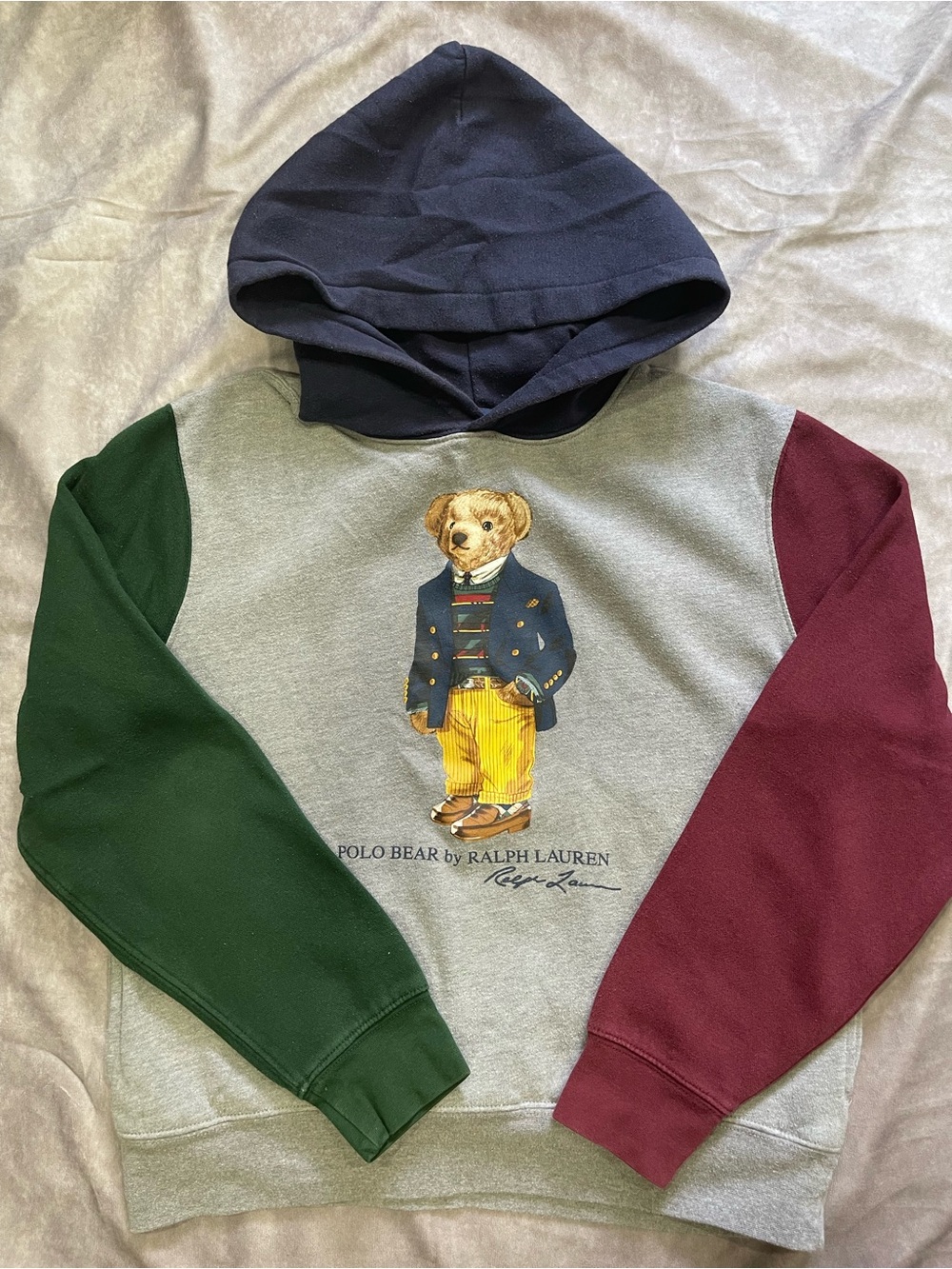 Ralph Lauren Grey Hoodie with Navy Hood, Green & Burgundy Sleeves